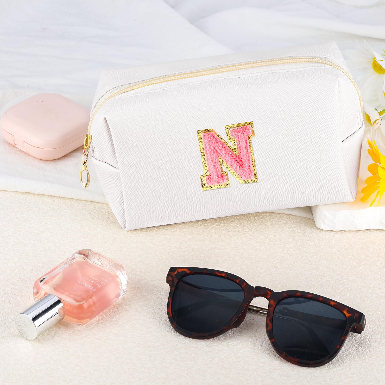 URSKYTOUS Initial Makeup Bag Personalized Preppy Travel Small Cosmetic Bag Cute PU White Chenille Letter Makeup Pouch for Purse Waterproof Zippered Toiletry Organizer for Women Girl Kid Friends(N)