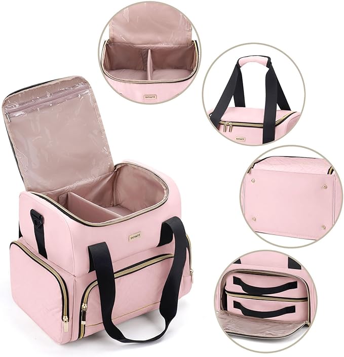 BAFAMYE Large Makeup Cosmetic Bag with 2 Removable Case, Double Layer Travel Makeup Organizer Case, travel Toiletry Bag For Women, Pink