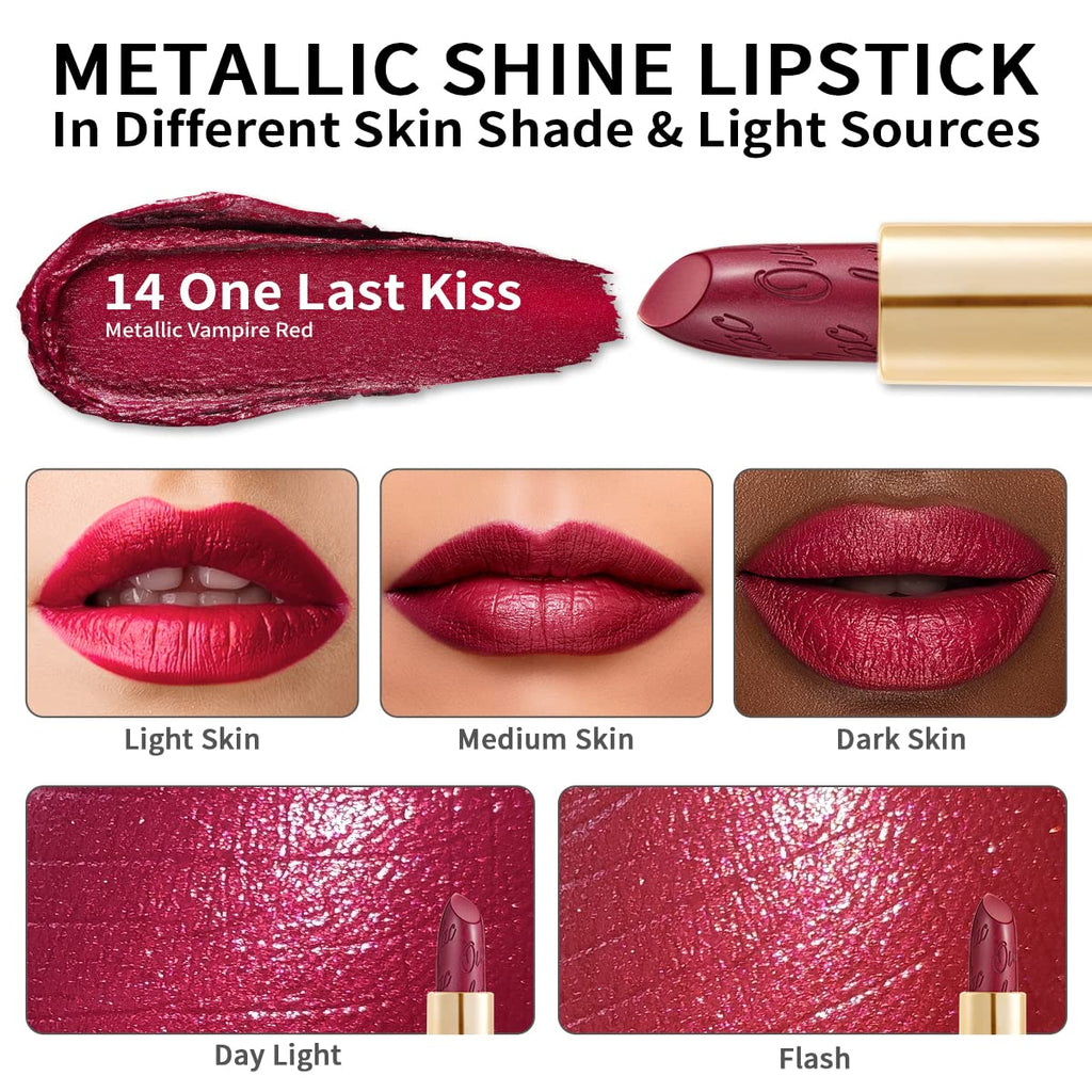 Oulac Wine Red Lipstick for Women with Metallic 3D Shine Lightweight Hydrating Formula, High Impact Lip Color, Vegan Beauty, Full Coverage Lip Makeup, Christmas Gifts for Women, One Last Kiss (14)