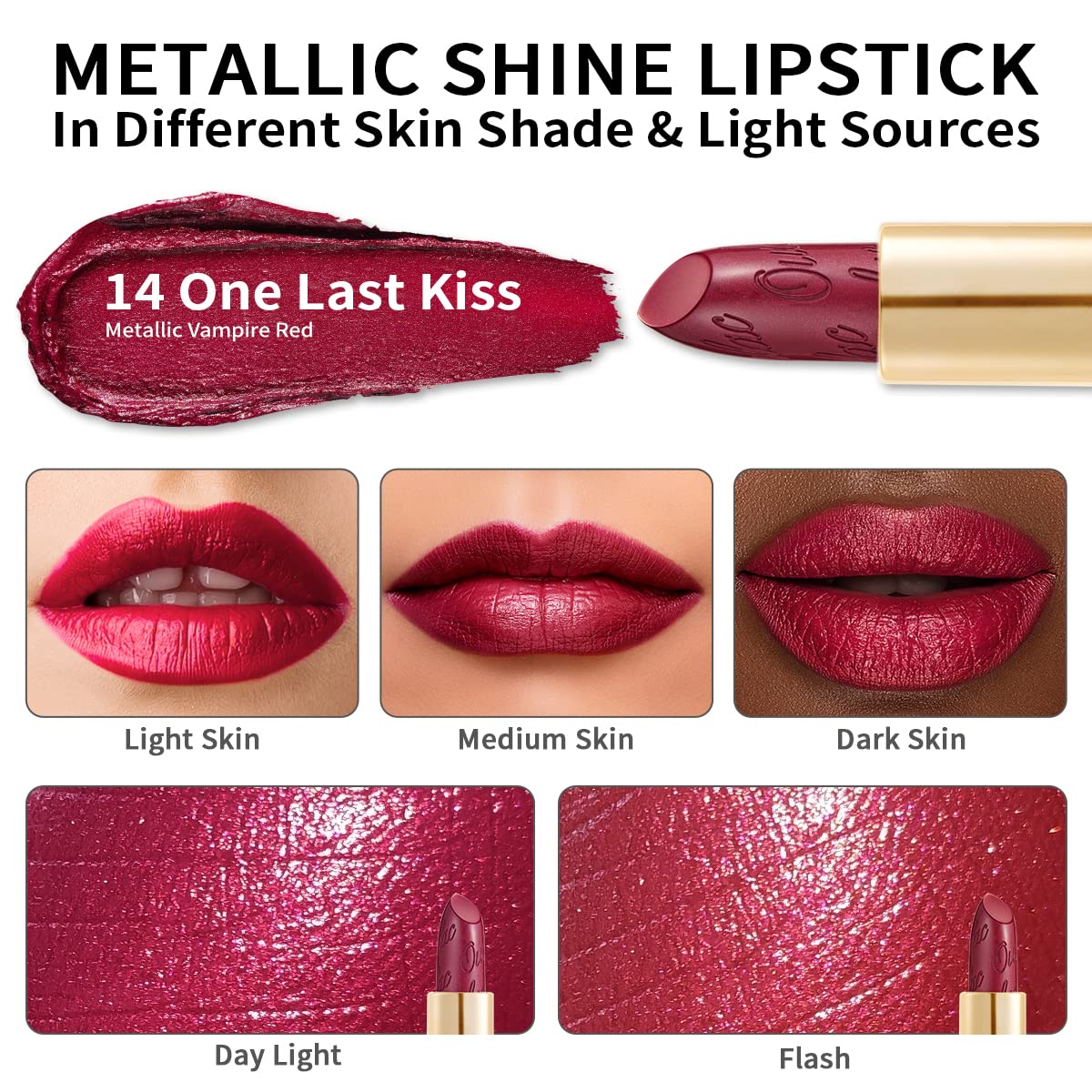 Oulac Wine Red Lipstick for Women with Metallic 3D Shine Lightweight Hydrating Formula, High Impact Lip Color, Vegan Beauty, Full Coverage Lip Makeup, Christmas Gifts for Women, One Last Kiss (14)