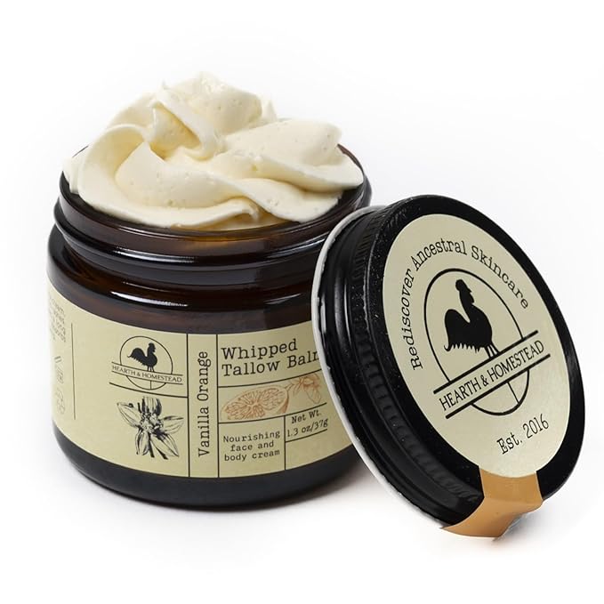 Hearth & Homestead Whipped Beef Tallow for Skin & Face - 100% Grass Fed, Eczema Cream & Body Butter, Organic Olive Oil, Calendula & Rose, Lotion & Hand Moisturizer for Dry Skin, Vanilla Orange, 1.3oz