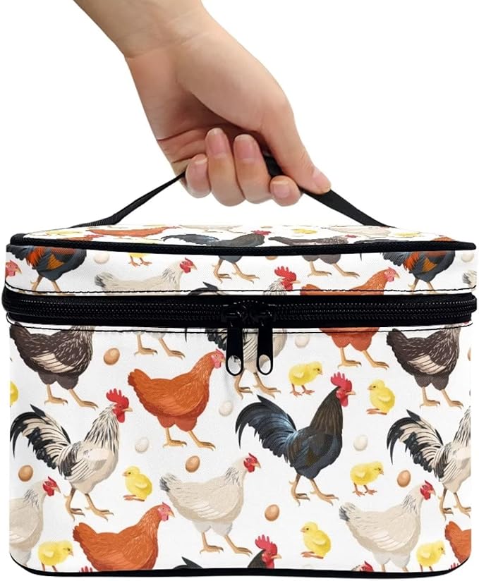 Drydeepin Cute Farm Chicken Rooster Print Travel Makeup Bag for Women Large Capacity Cosmetic Bags with Zipper And Handle Make Up Tote Bags Organizer Portable Brushes Case Toiletry Bags