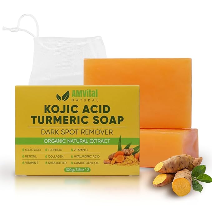AMVital Turmeric Kojic Acid Soap Bars with Vitamin C, Retinol & Hyaluronic Acid – Face & Body Soap with Collagen & Shea Butter – 2-Pack Cleansing Bars for All Skin Types