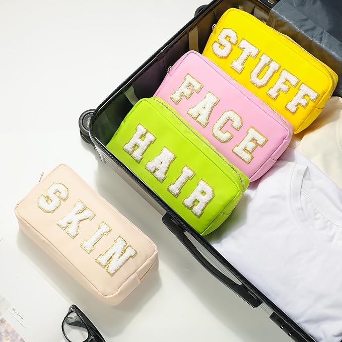Cunno Preppy Makeup Bags Chenille Letter Stuff Bag Nylon Cosmetic Pouch Cases with Zipper for Women Travel Toiletry(Vibrant Color,Classic,4 Pcs)
