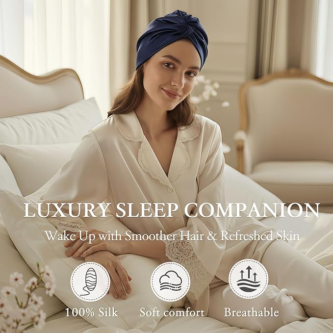SYSERAN 100% Mulberry Silk Bonnet for Sleeping - Women Natural Curly Hair Night Cap Luxury Sleep Head Wrap with Elastic Band(Navy Blue)