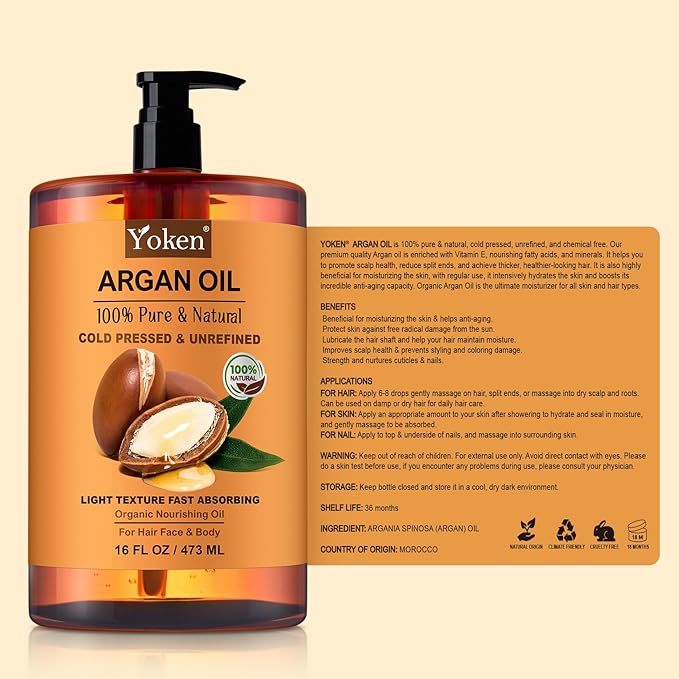 Yoken Organic Moroccan Argan Oil 16oz, Cold Pressed Oil for Hair Face Skin