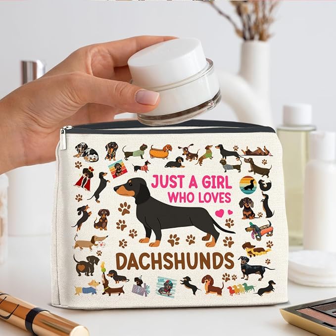UPNEGE Dachshund Gifts Makeup Bag Weiner Dog Gifts for Girl Women Dog Lovers Cosmetic Bag Just a Girl Who Loves Dachshund Zipper Makeup Pouch Gift