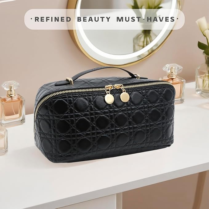 JINYIBAGS Travel Makeup Bag – Large Cosmetic Organizer with Waterproof PU Leather, Smooth Double Zipper & Tear-Resistant Lining, Toiletry Pouch for Women (Black)