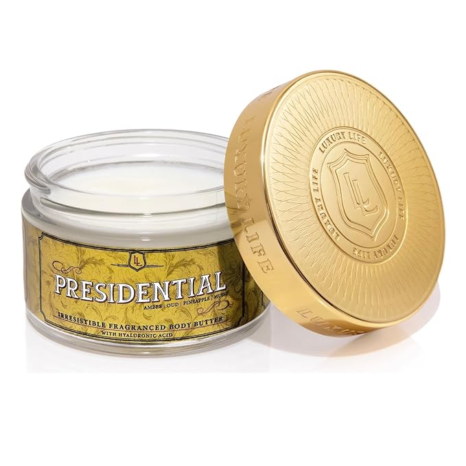 LUXURY LIFE BUTTER - 40% Extrait de Parfum Fragranced Body Butter with Hyaluronic Acid for Ultimate Moisture - Luxurious Room-Filling Natural Fragrances - Non-Greasy, USA Made, Presidential, 5 oz.