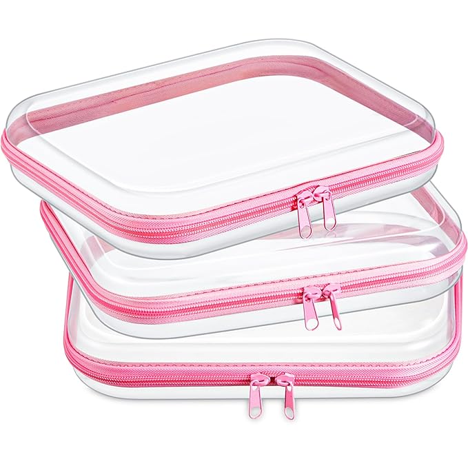 Hoolerry 3 Pcs Clear Hard Zipper Case Hard Plastic Zipper Pouch Makeup Bag Portable Travel Organizer for Cosmetics, Office Supplies, Documents & Toiletries(Pink,M)