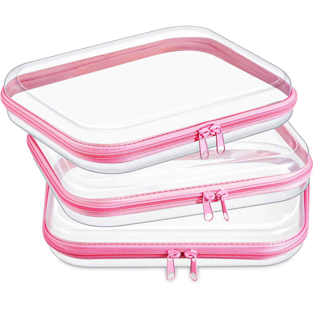 Hoolerry 3 Pcs Clear Hard Zipper Case Hard Plastic Zipper Pouch Makeup Bag Portable Travel Organizer for Cosmetics, Office Supplies, Documents & Toiletries(Pink,M)