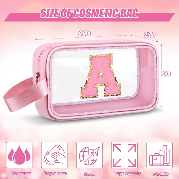 Vodolo Initial Makeup Bag,Letter A Cute Clear Monogrammed Cosmetic Travel Bag for Womens Girls,Personalized Pink Aesthetic Traveling Make Up Organizer Bag for Beach,Waterproof Toiletry Bag
