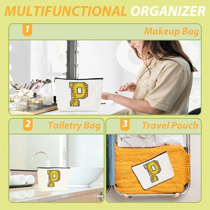 Softball Gifts Initial Monogrammed Cosmetic Bag Yellow Letter P Zipper Pouch for Girls Women Softball Player Coach Friend Graduation Birthday Gifts