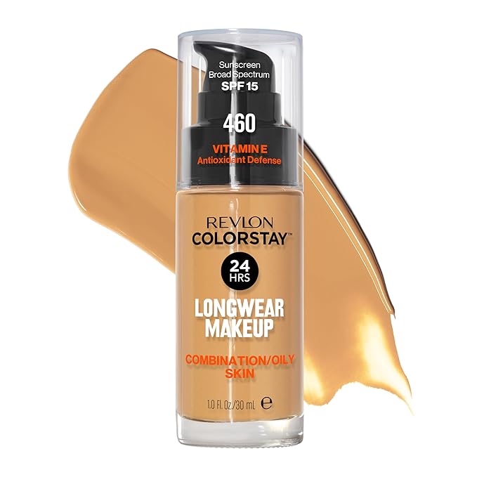 Revlon Liquid Foundation, ColorStay Face Makeup for Combination & Oily Skin, SPF 15, Medium-Full Coverage with Matte Finish, Macadamia (460), 1.0 oz