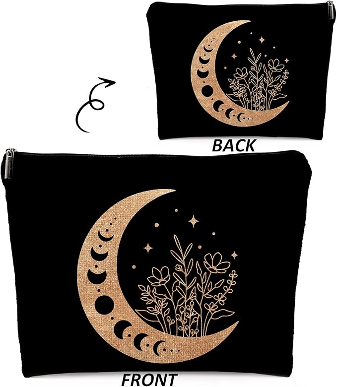 Dwept Boho Floral Celestial Crescent Moon Phase Makeup Bag, Mystical Crescent Moon Linen Makeup Travel Toiletry Bag, Abstract Floral Moon Cosmetic Bag Gifts For Girls Women Daughter Sister