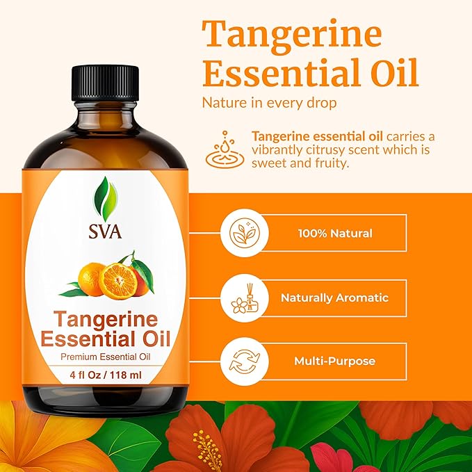 SVA Tangerine Essential Oil 4 Fl Oz – for Diffuser, Skin & Hair Care – Ideal for Massage & DIY Blends – with Dropper