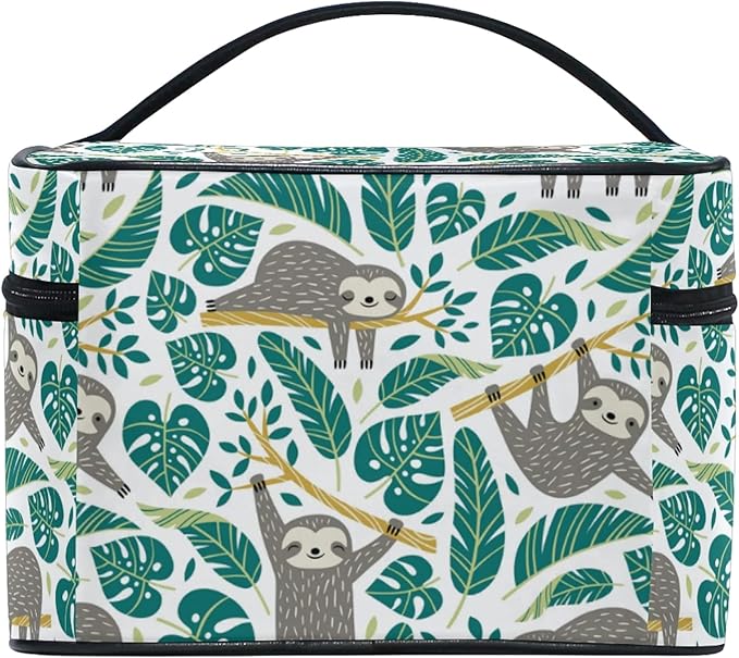 MNSRUU Makeup Bag, Cute Sloths And Tropical Palm Leaves Travel Makeup Organizer Bag Cosmetic Cases Toiletry Bags for Girl Women Ladies