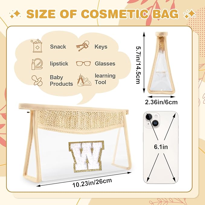 UIXIZQ Personalized Initial Letter Bag Boho Straw Clear Makeup Bag,Small Cute Chenille Varsity Letter Bag With Zipper,Beach Travel Toiletry Bag,Portable Monogrammed Cosmetic Bag for Women Girls,W