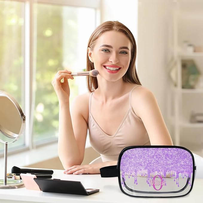 KFNHN Personalized Travel Cosmetic Bag Waterproof Makeup Bags, Custom Name Clear PVC Organizer Case Toiletries Container Bag, Romantic Purple Curtain Glittering