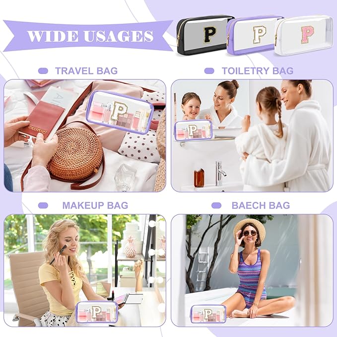 Personalized Initial Letter Clear Makeup Bag,Preppy Small Nylon&PVC Cosmetic Zipper Bag with Chenille Letter,Travel Skincare Toiletry Bag,Monogram Christmas Gift for Teen Girls Women,P