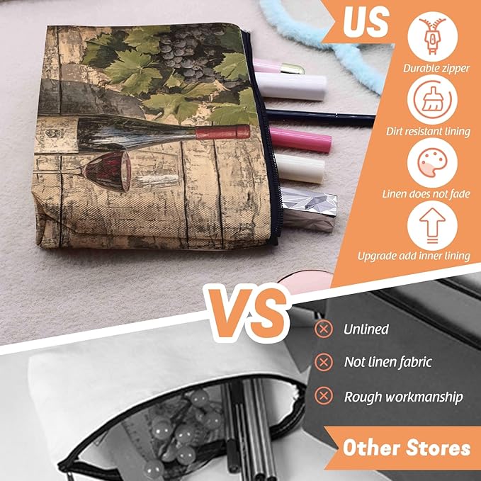 Scribesense Cosmetic Bags Travel Makeup Toilet Case Waterproof Pouch for Women Girls 6.7X9.45inches - Glass And Grapes on An Aged Wooden Background