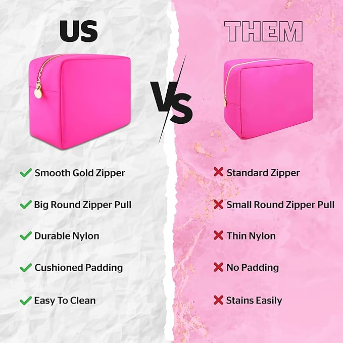 Large Pink Makeup Bag – Nylon Cosmetic Pouch, Travel Makeup Organizer Case, Spacious Makeup Bag for Toiletries, Beauty Essentials & Cosmetics