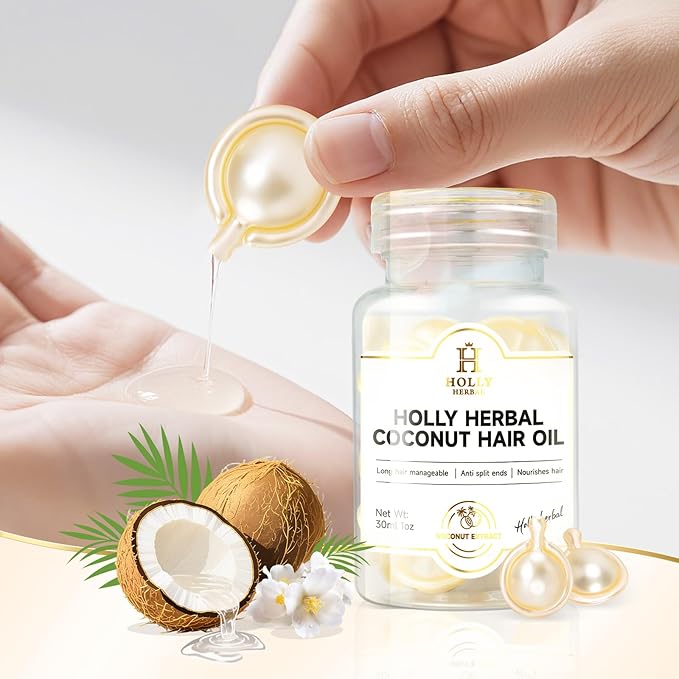 H HOLLY HERBAL Hair Oil - 30 Hair Care Capsules -Coconut Oil Hair with Jojoba, Olive, Macadamia Oils-Vitamins A, E, & Pro B5 - No-Rinse Hair Treatment for Women & Men