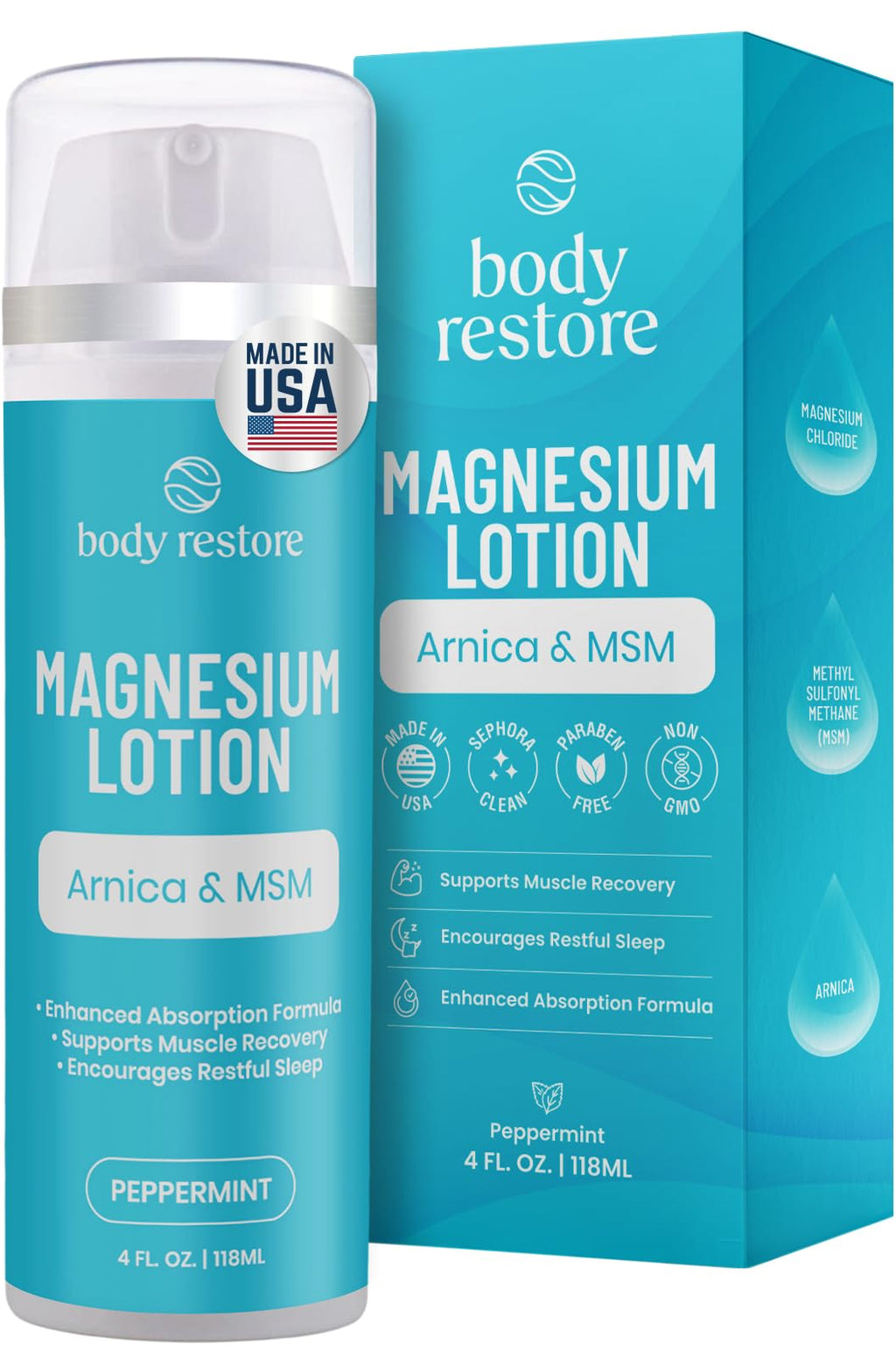 Body Restore Magnesium Lotion, Arnica MSM for Muscles - Peppermint 4 Fl Oz