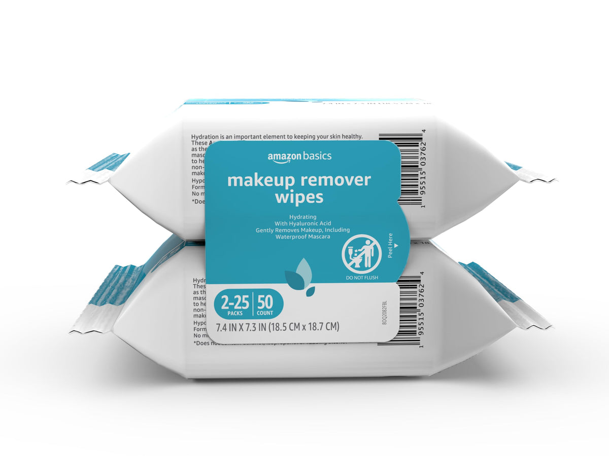 Makeup Remover Wipes, Hydrating Facial Cleansing, Hyaluronic Acid, Dermatologist Tested, Plant Based, Alcohol-Free, Removes Waterproof Mascara, 25 Count, 2-Pack