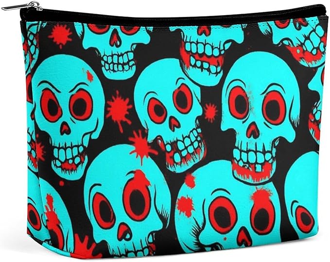 Meaudiwes Women's Fashion Zipper Cosmetic Case, Portable Makeup Case, Personality Toiletry Bag, Travel Cosmetic Toiletry Bag Halloween Cool Red Blood Zombie Skull