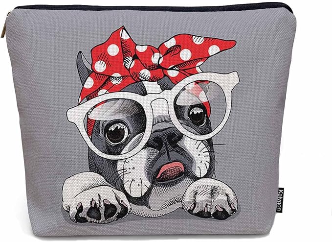 Kalygon Makeup Bag French Bulldog Makeup Bags For Purse Pouch, Cute Puppy Bulldog Glasses Travel Toiletry Bag Cosmetic Bag Makeup Bags Flax Makeup Organizer Bag Pencil Pouch For Man Woman, Gray