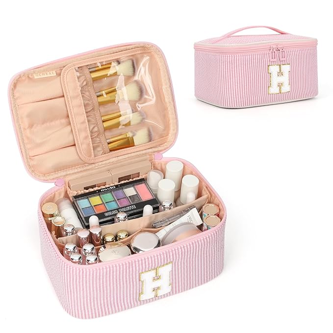 OCHEAL Makeup Bag for Women, Monogram Cosmetic Bag Pink Travel Makeup Case Beauty Toiletry Bag Organizer Personalized Gifts for Girls Bridesmaid, Sister, Wife, Friends Initial H