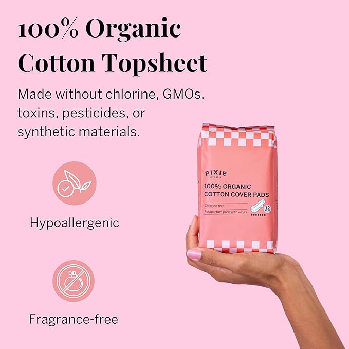 Pixie Organic Pads Ultra-Thin Extra Long Overnight Cotton Pads for Women – Maximum Absorbency with Wings – Leak-Proof, Hypoallergenic, Unscented, Postpartum – Compostable, Biodegradable – 24 Count