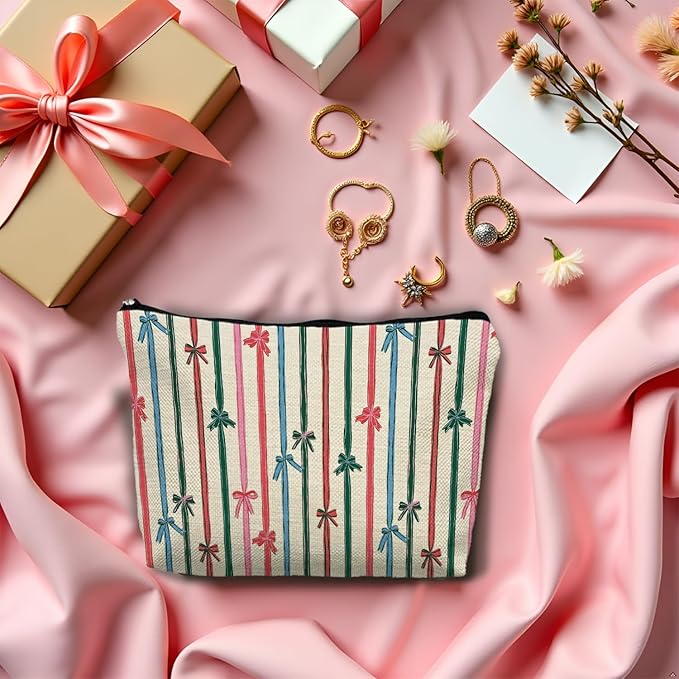 SAFDSGFDB Coquette Christmas Ribbon Bow Makeup Bag, Preppy Red Green and Pink Striped Christmas Cosmetic Bags Gifts for Women, Girly Xmas Portable Travel Toiletry Bag Zipper Makeup Pouch