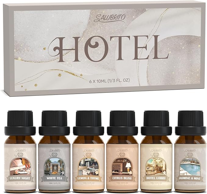 SALUBRITO Hotel Fragrance Oil Set, Luxury Essential Oil Set for Diffuser, Candle, Soap Making Scents, Bergamont & Ylang-ylang, White Tea, Lemon & Thyme, Citrus Bliss, Lemon Tuberose, Jasmine & Mint