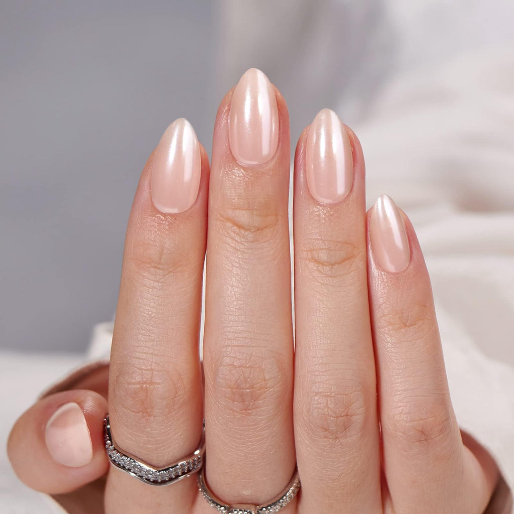 BTArtbox Press On Nails, Nudies, Short Almond, Short Nude Chrome, 32Ct