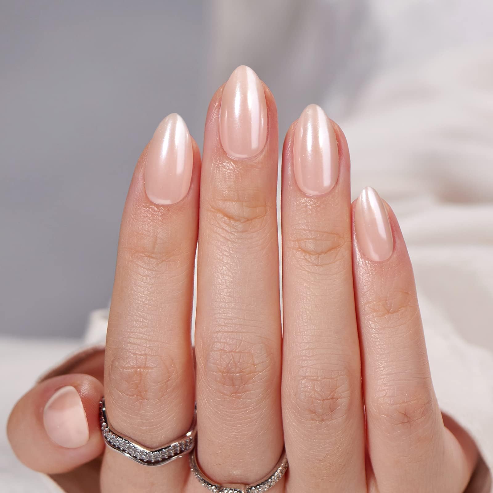 BTArtbox Press On Nails, Nudies, Short Almond, Short Nude Chrome, 32Ct