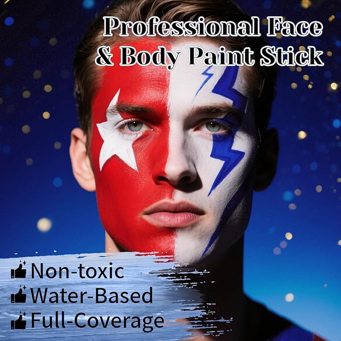 YBUETE Red White Blue Face Body Paint Stick Set for Halloween Cosplay SFX