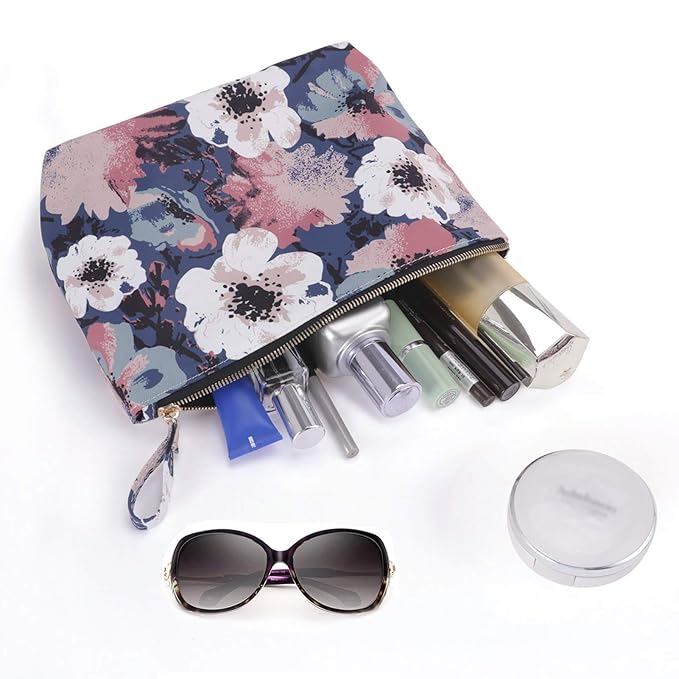 HAWEE Flower Makeup Bag for Travel Cosmetic Storage Pouch Waterproof Polyester Metal Zipper, Retro Camellia