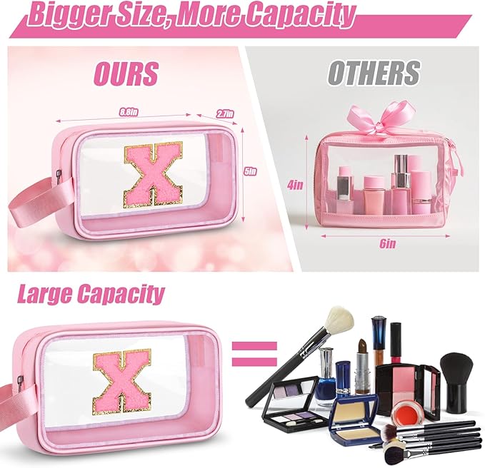 Initial Makeup Bag,Letter X Cute Clear Monogrammed Cosmetic Travel Bag for Womens Girls,Personalized Pink Aesthetic Traveling Make Up Organizer Bag for Beach,Waterproof Toiletry Bag