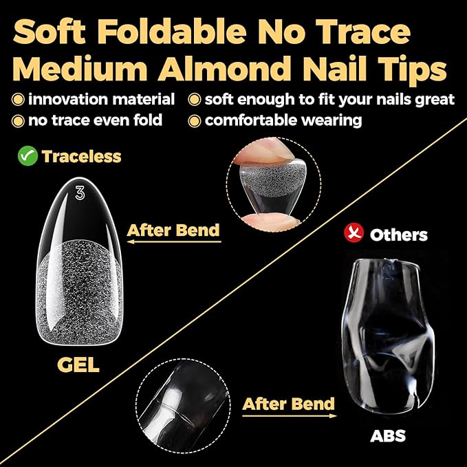 UNA GELLA 600 Pcs Almond Gel Nail Tips, Pre Etched Medium Almond Nail Tips