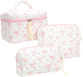 3 Piece Quilted Makeup Bag Set for Women,Cosmetic&Toiletry Bag,Bow Pink