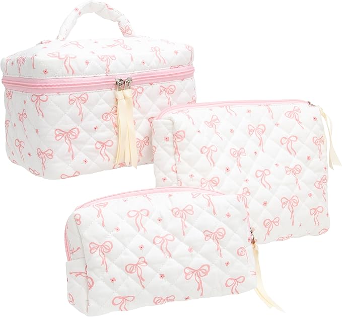 3 Piece Quilted Makeup Bag Set for Women,Cosmetic&Toiletry Bag,Bow Pink