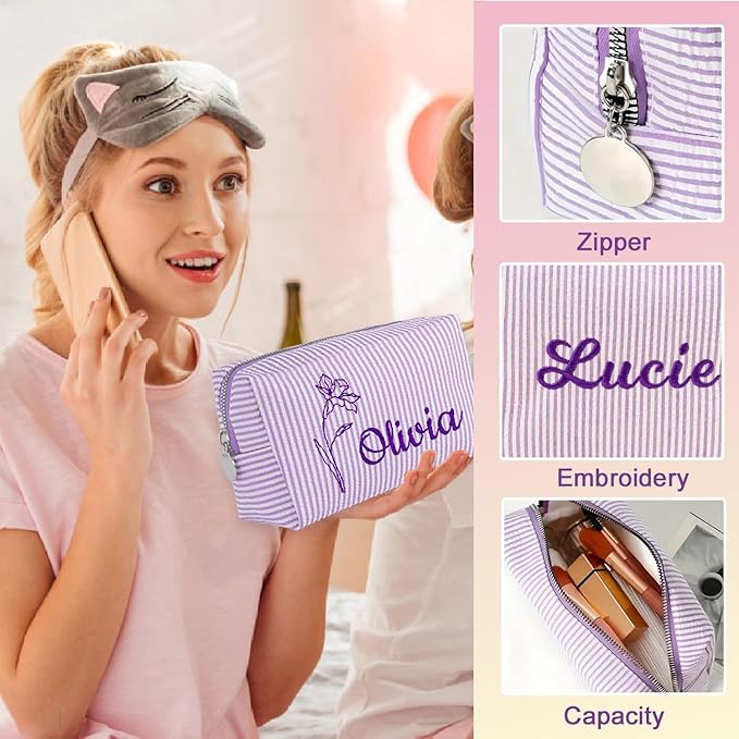Ajiangwu Personalized Makeup Bag with Embroidered Name&Birth Flower for Bridesmaid Gifts,Custom Small Travel Cosmetic Bag Toiletry Bag Wedding Gifts for Bride