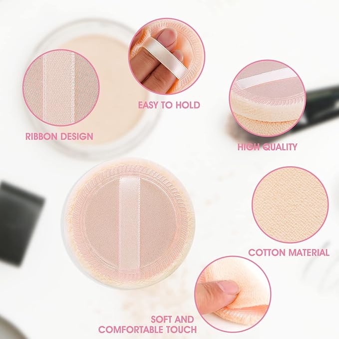 Sibba Loose Powder Make Up Puff 12 Pieces Round Velour Face Makeup Compact Body Container Setting Pressed Blending Foundation Cream Make Up Ribbon Strap Sponge Cushion Applicator (Skin Color)