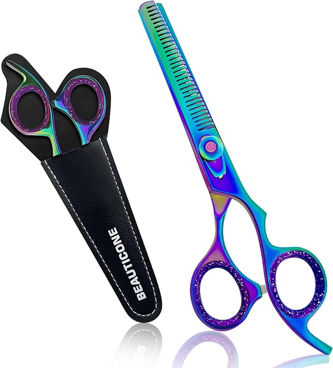 BEAUTICONE Professional Hair Thinning Scissors – Barber Texturizing Shears with Stainless Steel Teeth Blade, Leather Pouch Included, Salon Thinning Shears for Men & Women, Multi