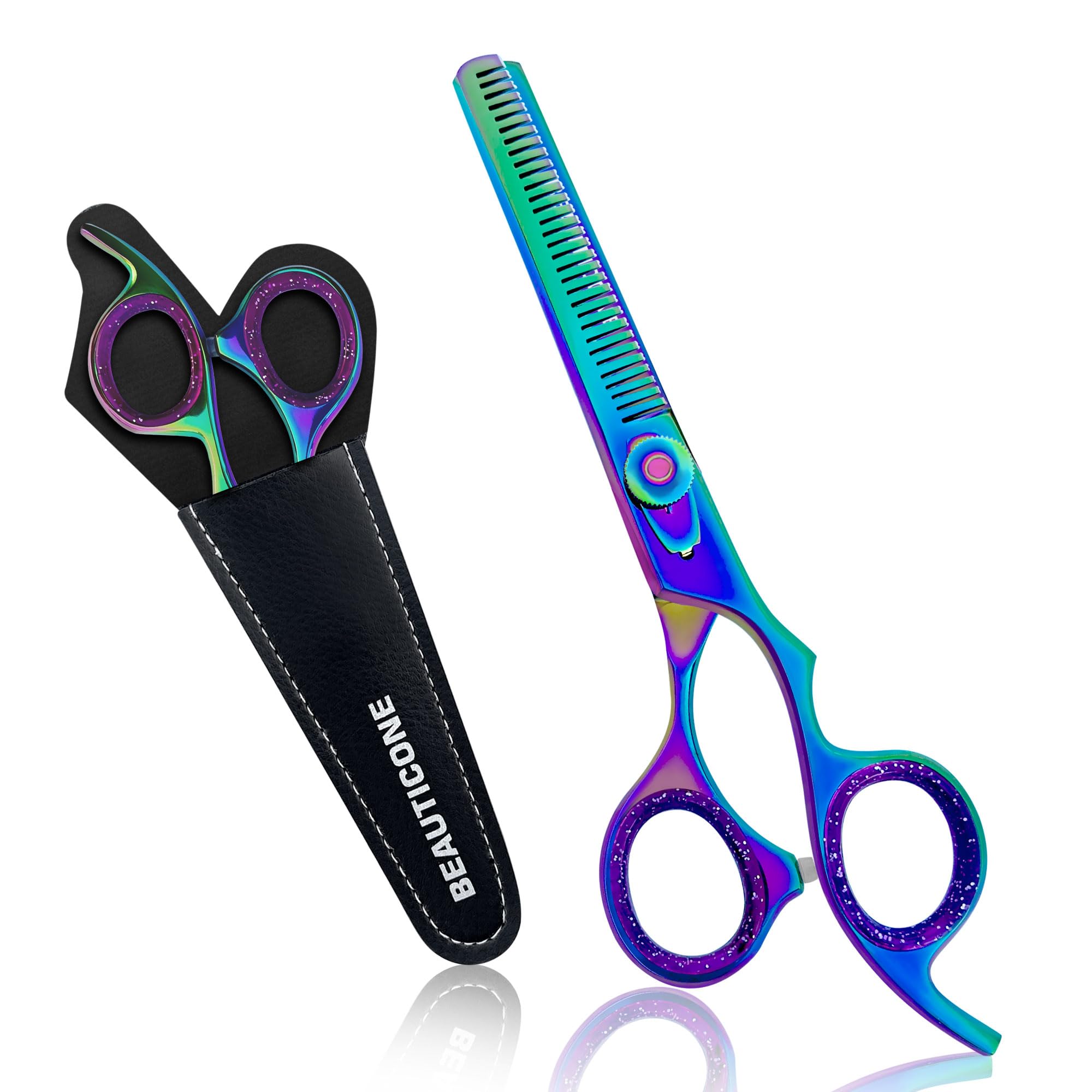 BEAUTICONE Professional Hair Thinning Scissors – Barber Texturizing Shears with Stainless Steel Teeth Blade, Leather Pouch Included, Salon Thinning Shears for Men & Women, Multi