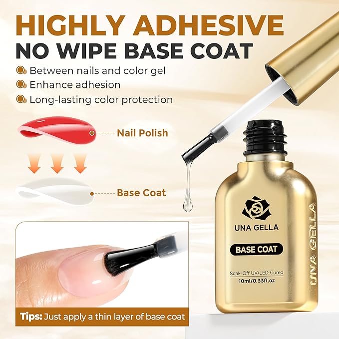 UNA GELLA No Wipe Gel Top Coat Base Coat Set, 2PCS Highly Glossy Top Coat Gel Nail Polish Strengthen and Acid-Free Clear Nail Base Soak Off, Key to Manicure for Her (U V Cure Need)