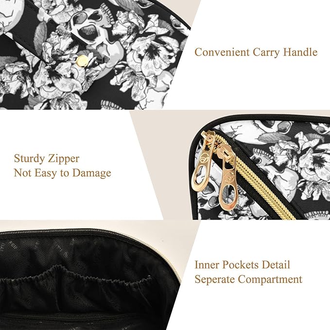 MNSRUU Makeup Organizer Bag, Skull and Flowers Travel Makeup Bags Makeup Vanity Case Large Capacity Rhombus Cosmetic Toiletry Bag for Girl Women Ladies