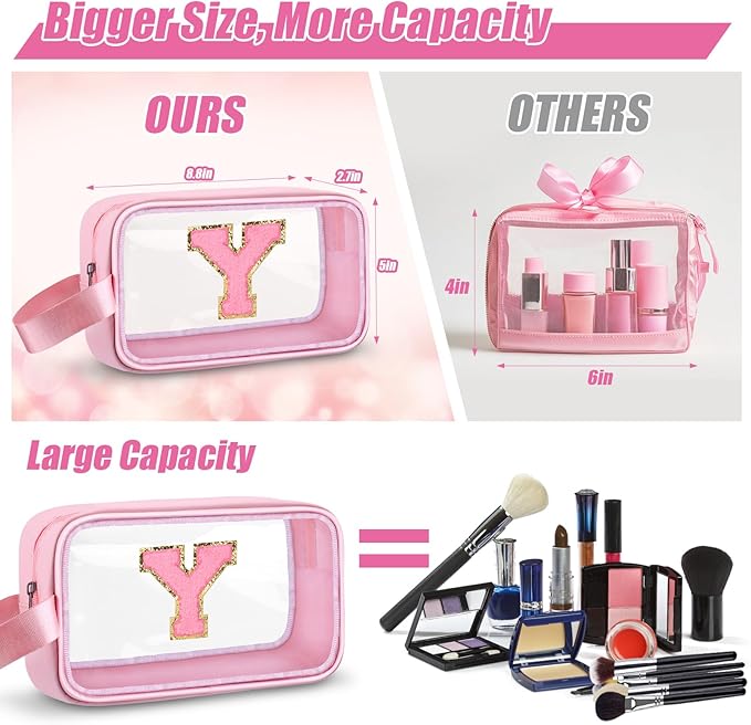 Vodolo Initial Makeup Bag,Letter Y Cute Clear Monogrammed Cosmetic Travel Bag for Womens Girls,Personalized Pink Aesthetic Traveling Make Up Organizer Bag for Beach,Waterproof Toiletry Bag